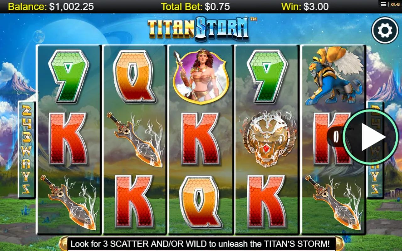 Titan Storm slot gameplay showing 5x3 reels with 243 ways and the Princess Warrior premium symbol
