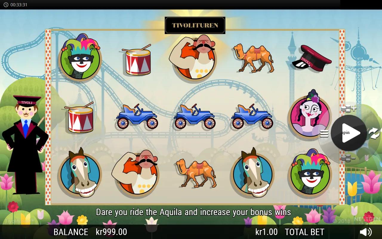 Tivolituren slot gameplay showing 5x3 reels with Tivoli Gardens mascots, Strongman, Harlekin and vintage car symbols