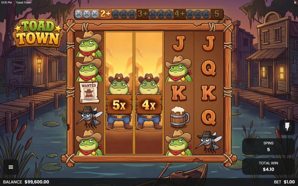 Toad Town special spin in The Swamp Showdown: two VS Wild Reels with 5x and 4x multipliers on reels 2 and 3 of the 5x5 swamp board, toads on reel 1