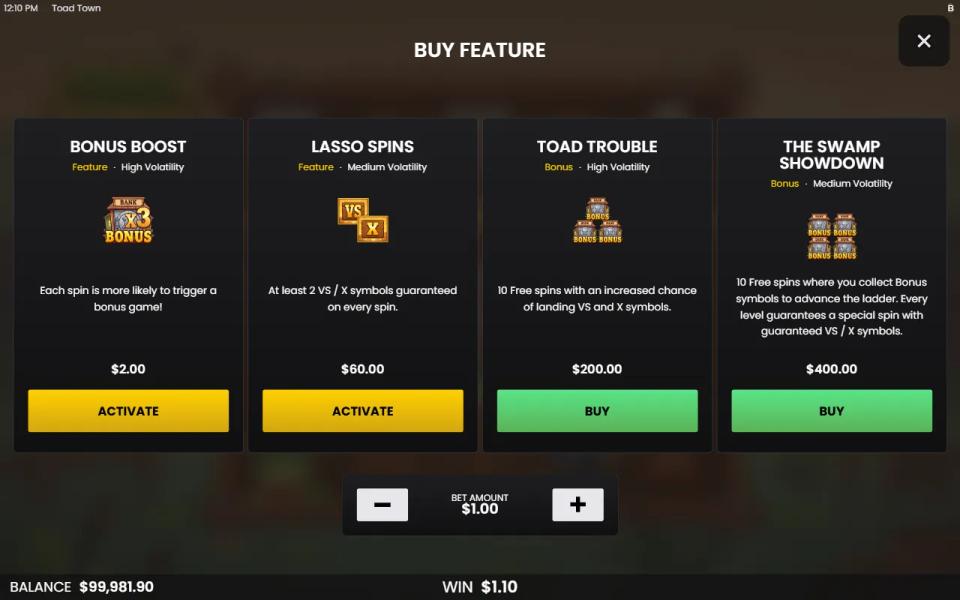 Toad Town Buy Feature menu listing Bonus Boost, Lasso Spins, Toad Trouble and The Swamp Showdown with their prices at a 1.00 bet