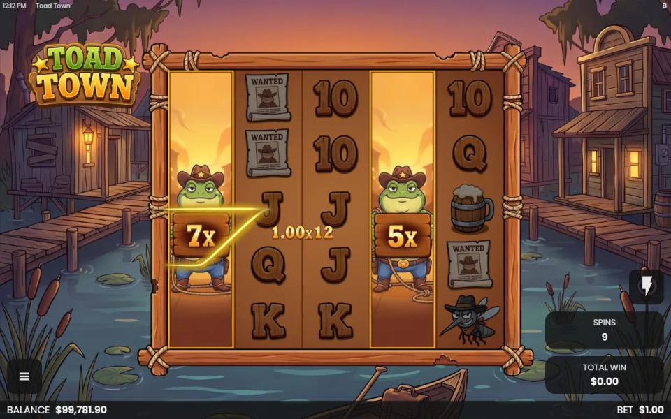 Toad Trouble free spin with two VS Wild Reels, 7x on reel 1 and 5x on reel 4, and a line of jacks marked with the combined multiplier