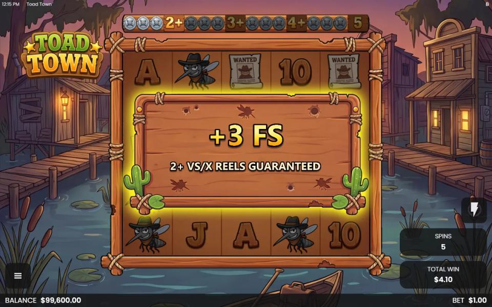 The Swamp Showdown level-up card reading +3 FS and 2+ VS/X reels guaranteed, with the Bonus collection ladder above the reels