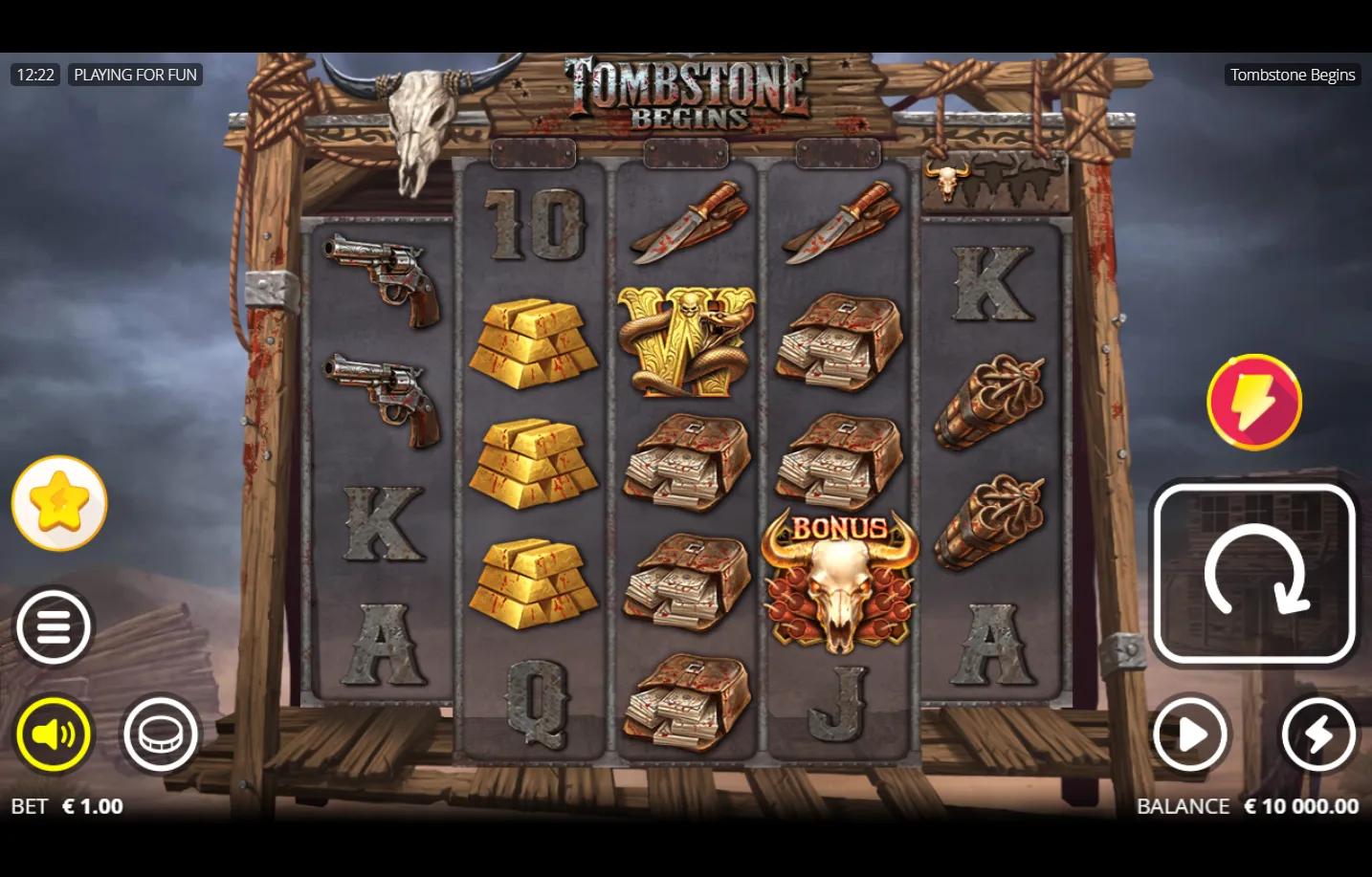 Tombstone Begins slot gameplay showing 5-reel 4-5-5-5-4 grid with Revolver and Bonus skull symbols