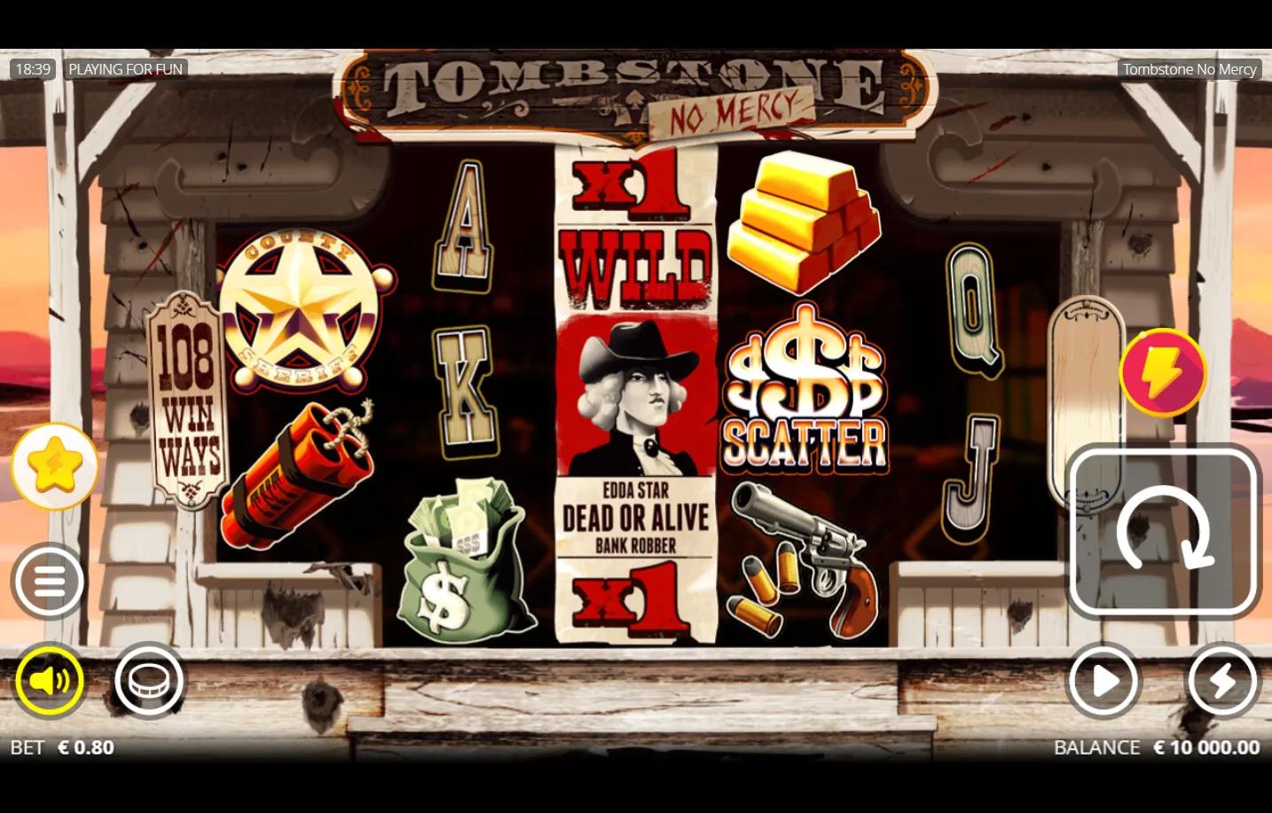 Tombstone No Mercy slot gameplay showing 5x3 grid with 3-row Outlaw Wild in Wild West saloon scene