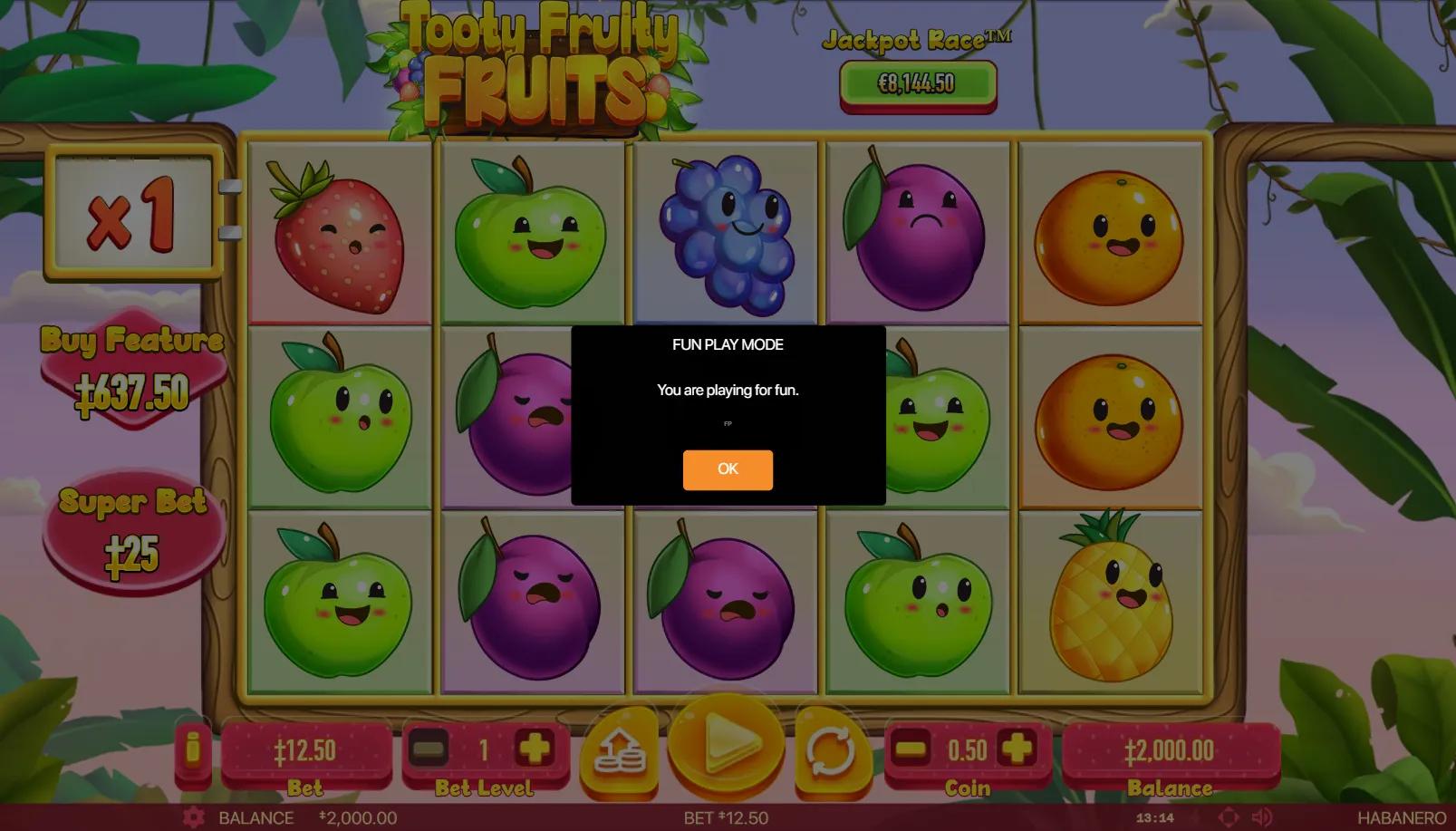 Tooty Fruity Fruits slot gameplay showing 5x3 cascading grid with kawaii fruit symbols and x1 multiplier counter