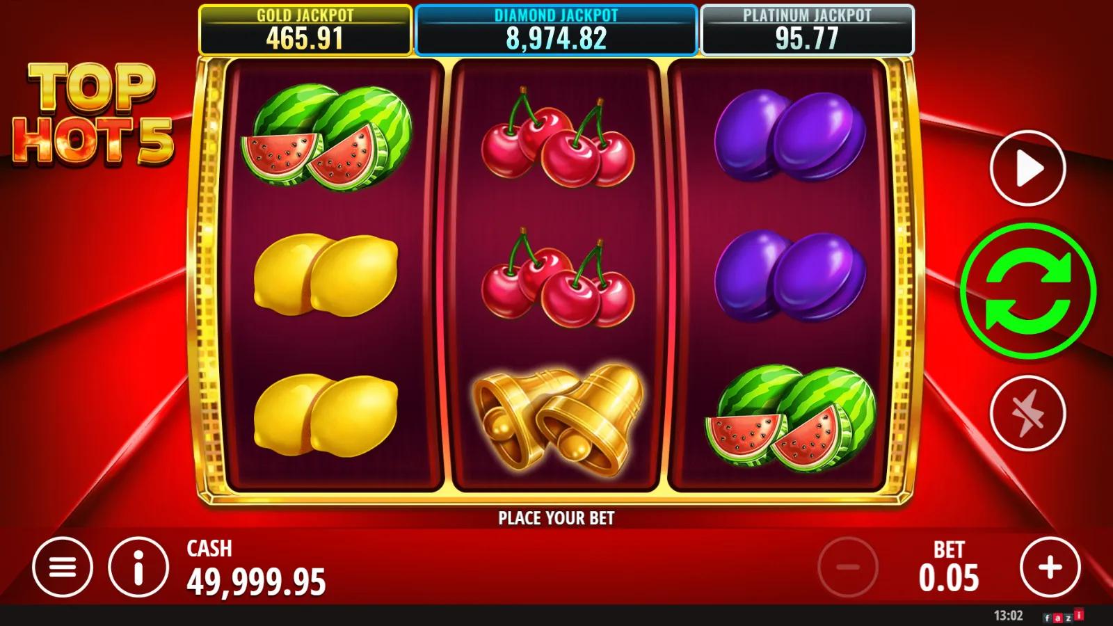 Top Hot 5 slot gameplay showing 3x3 fruit grid with flaming red 7, gold star, bells and 3 mystery jackpots