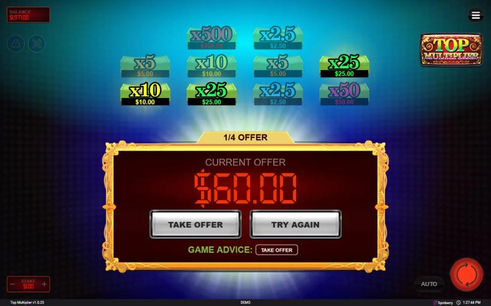 The 1/4 OFFER card over the reels with a current offer, Take Offer and Try Again buttons and a Game Advice line reading Take Offer