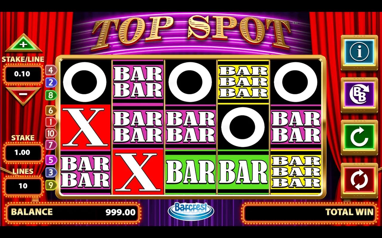 Top Spot slot 5x3 grid with gold frame, red theatre curtains and retro BAR, 7, X and O fruit-machine symbols.
