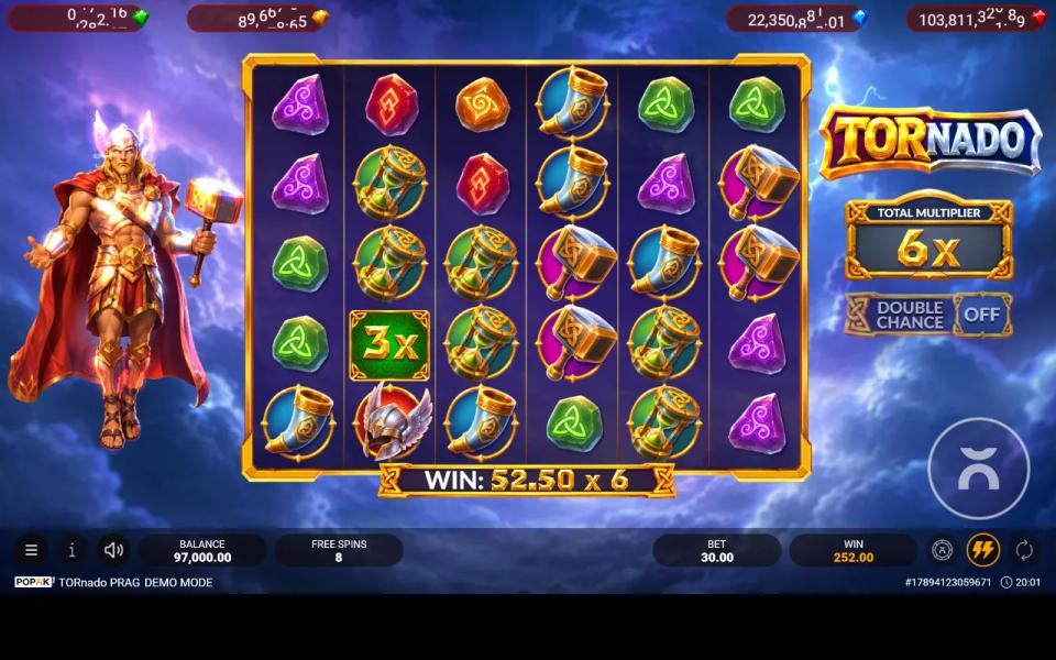 TORnado PRAG free spins with the total multiplier panel at 6x multiplying a 52.50 win, and a 3x gem on the board