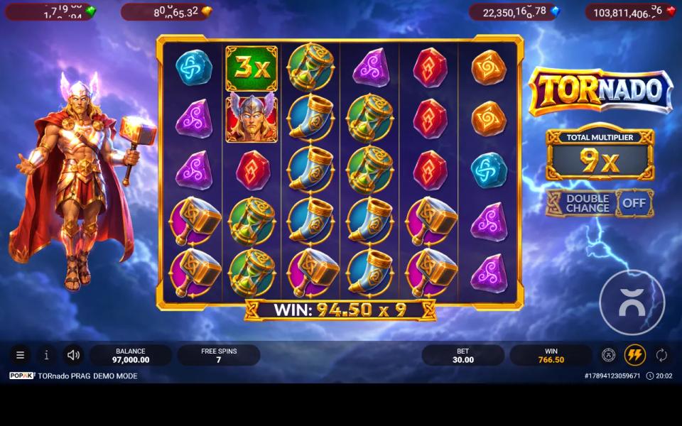 TORnado PRAG free spins with the total multiplier panel at 9x multiplying a 94.50 win, and a 3x gem on the board