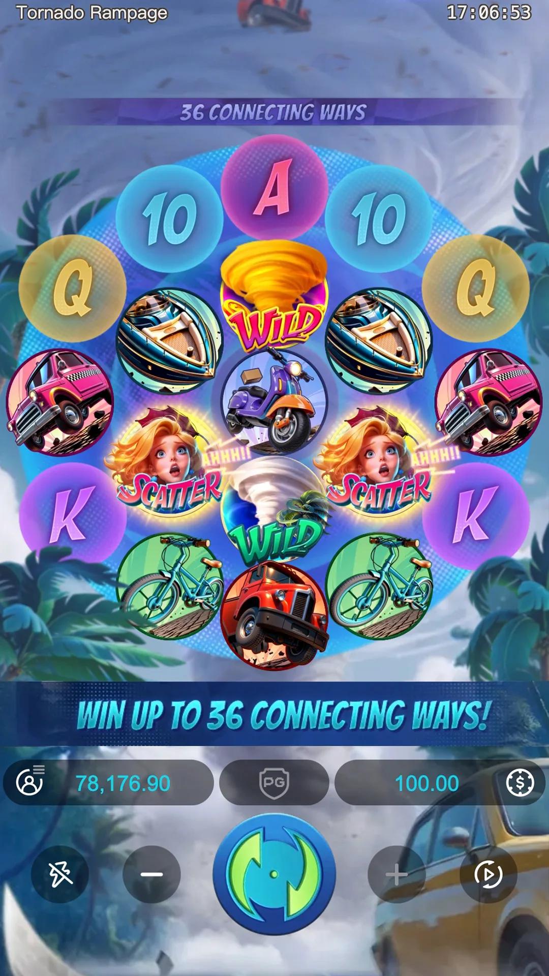 Tornado Rampage gameplay showing the circular 36-ways tornado reels with green and golden Wild tornados