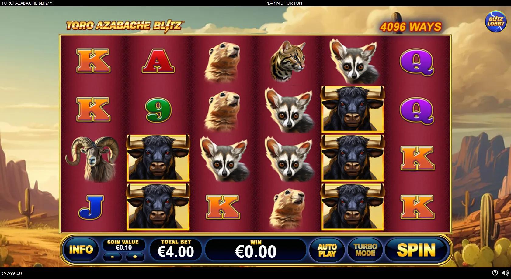 Toro Azabache Blitz slot gameplay showing a 6x4 desert grid with a stacked black bull, ocelot, ram and prairie-dog symbols, a blue diamond wild and card royals, 4096 ways