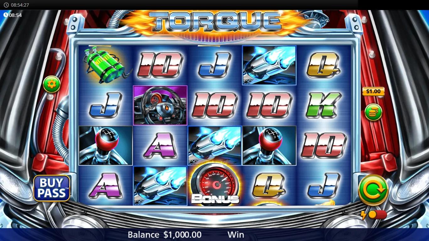 Torque slot by Light & Wonder gameplay showing 5x4 reels framed by chrome trim, red metal panels, and racing gauges