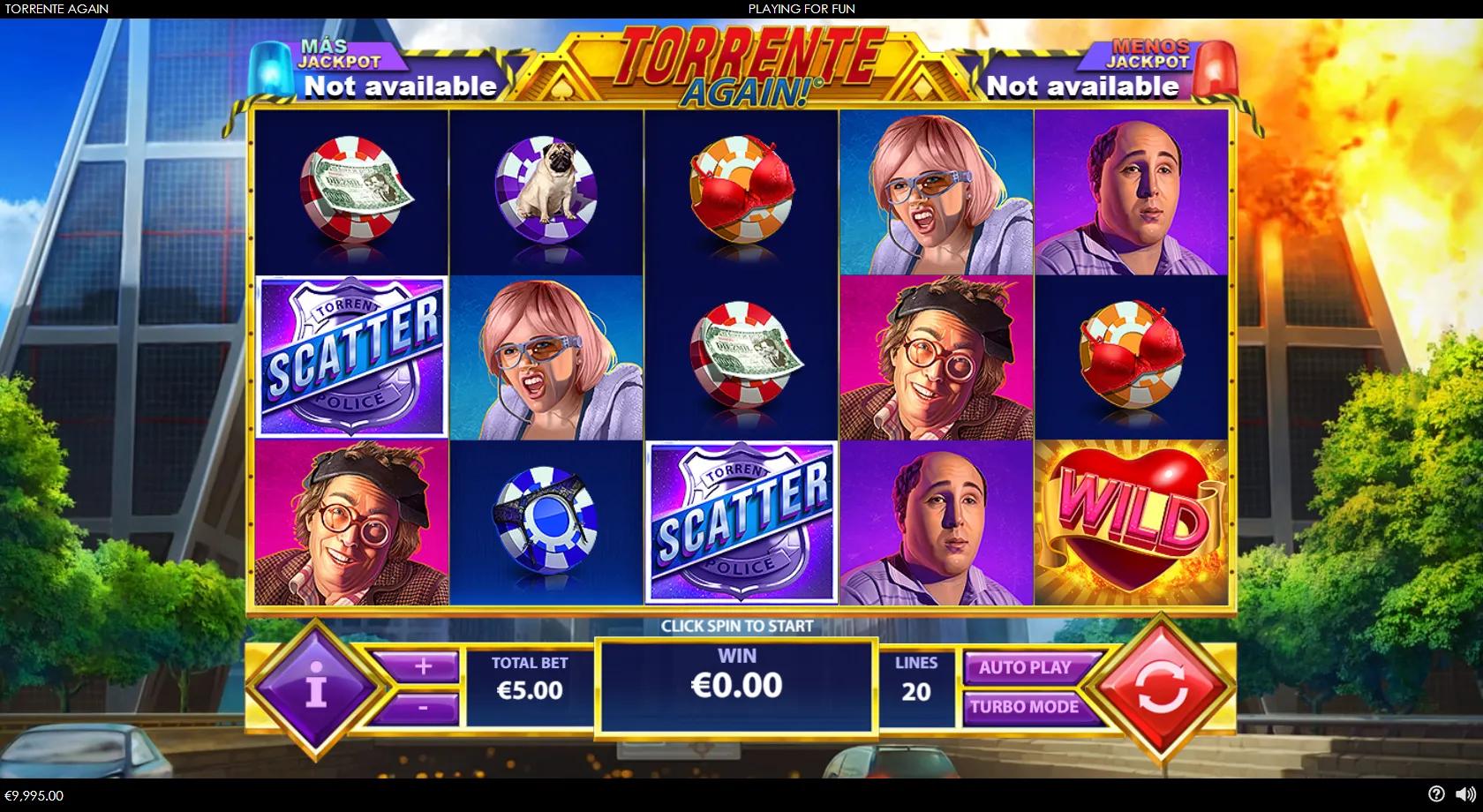 Torrente Again gameplay showing a 5x3 reel set with Torrente film characters, a red heart wild and a police-badge scatter