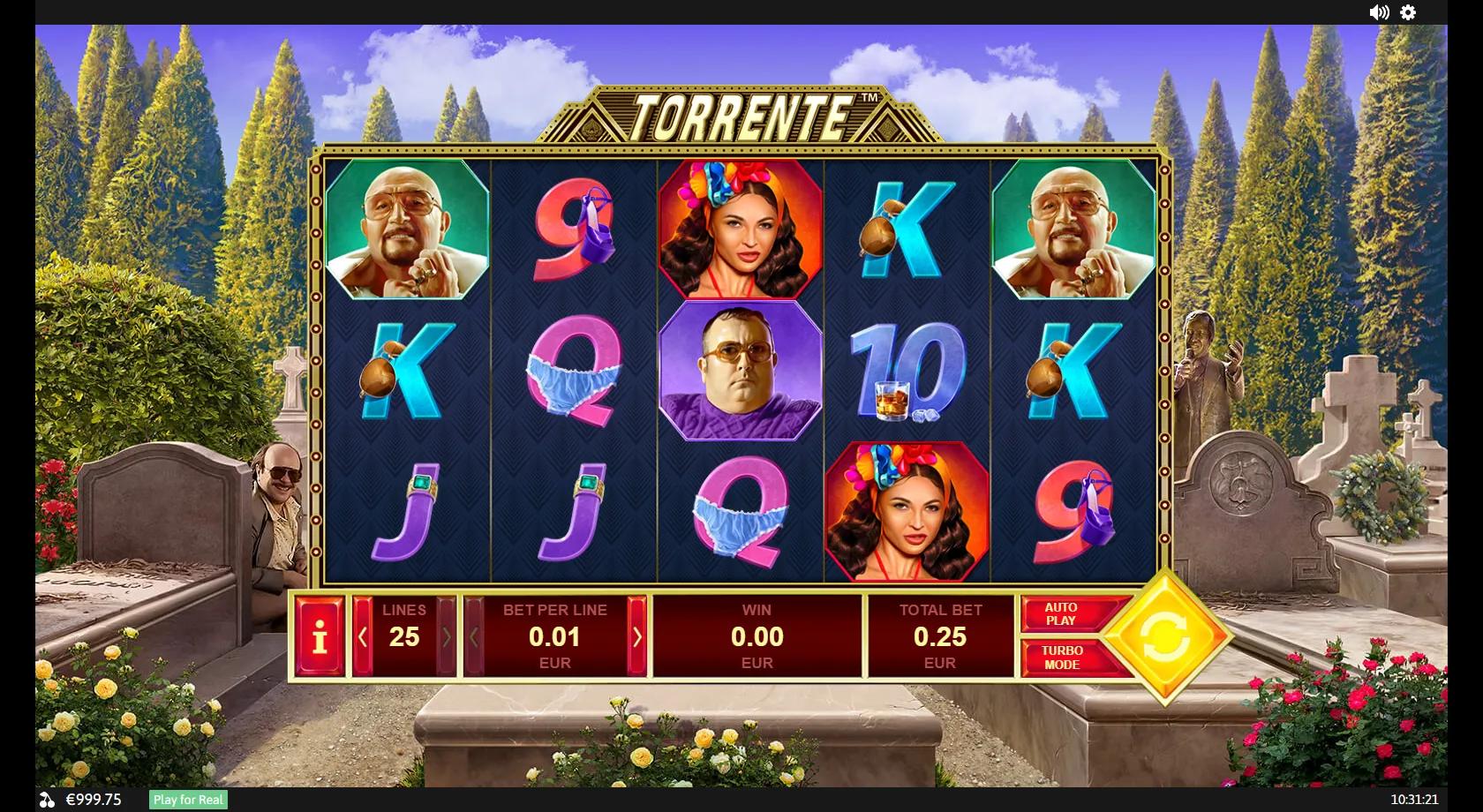 Torrente gameplay showing a 5x3 cemetery reel set with the film's characters, a bikini wild and a vault bonus symbol