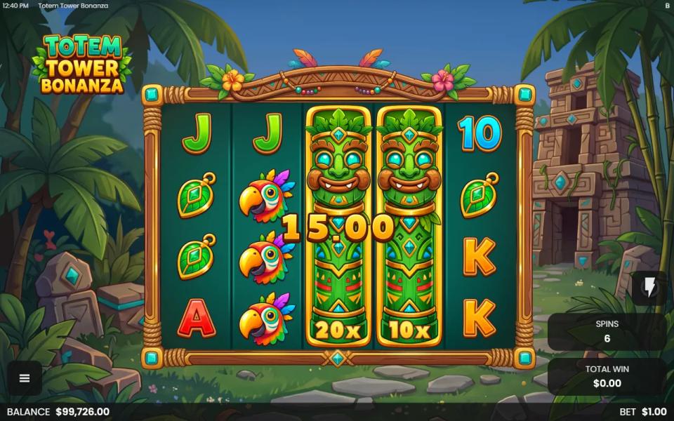 Totem Tower Bonanza Totem Rise free spin with two expanded Wild Totem Reels, 20x and 10x, on reels 3 and 4 of the 5x4 jungle temple board