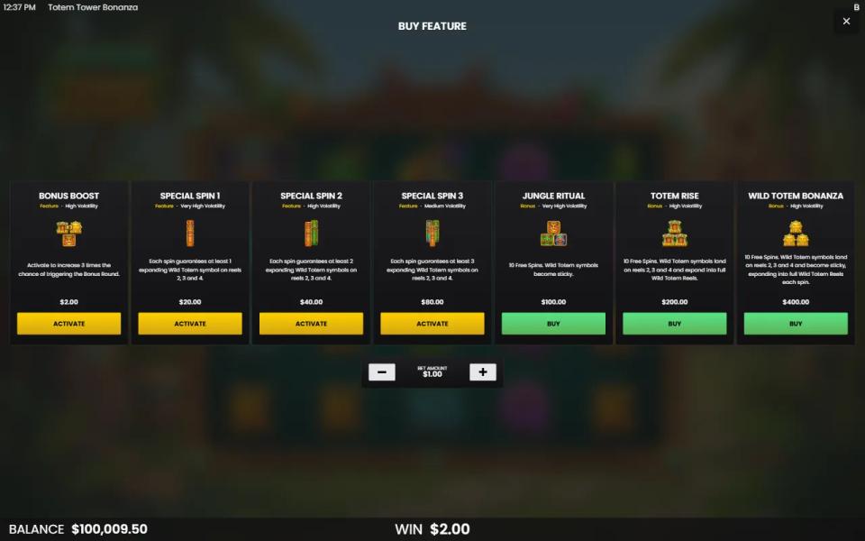 Totem Tower Bonanza buy menu listing Bonus Boost, Special Spin 1 to 3, Jungle Ritual, Totem Rise and Wild Totem Bonanza