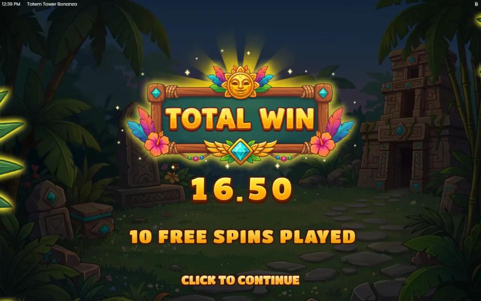 Jungle Ritual total win screen after 10 free spins