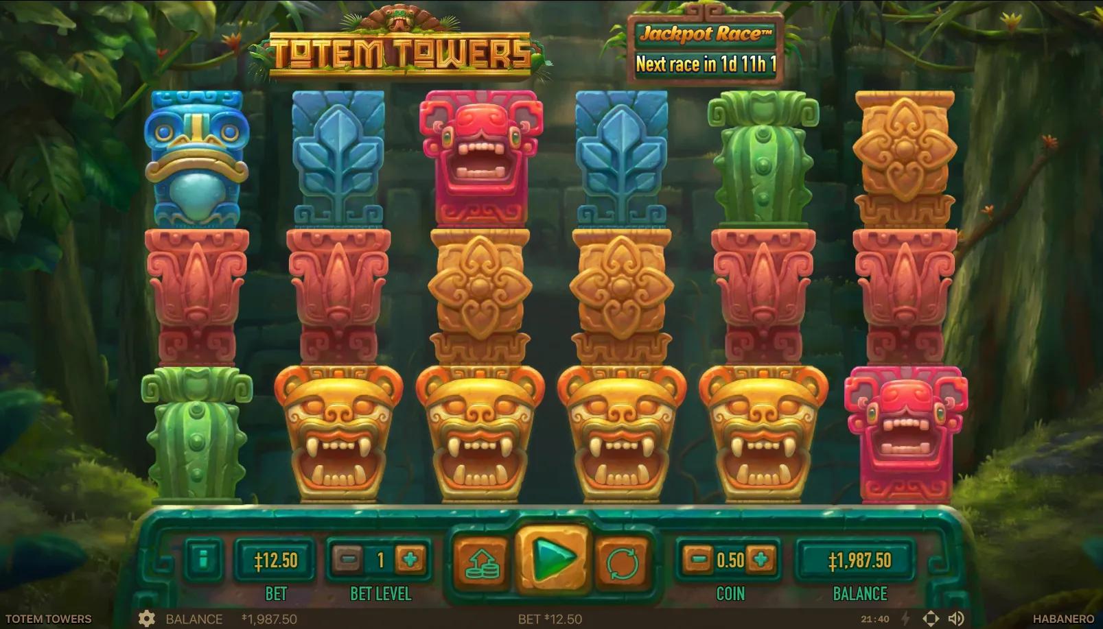 Totem Towers slot 6x3 grid with carved jaguar masks, leaf and ornament totem segments in a stone temple jungle clearing