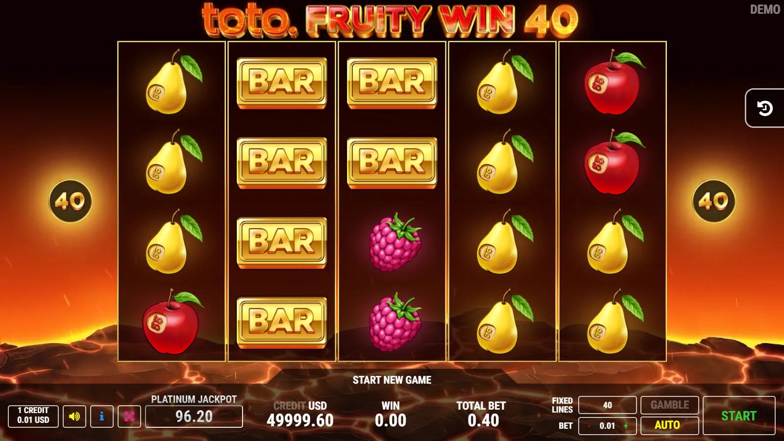 Toto Fruity Win 40 slot gameplay showing 5x4 fruit grid with flaming WILD, toto SCATTER star and 3 mystery jackpots