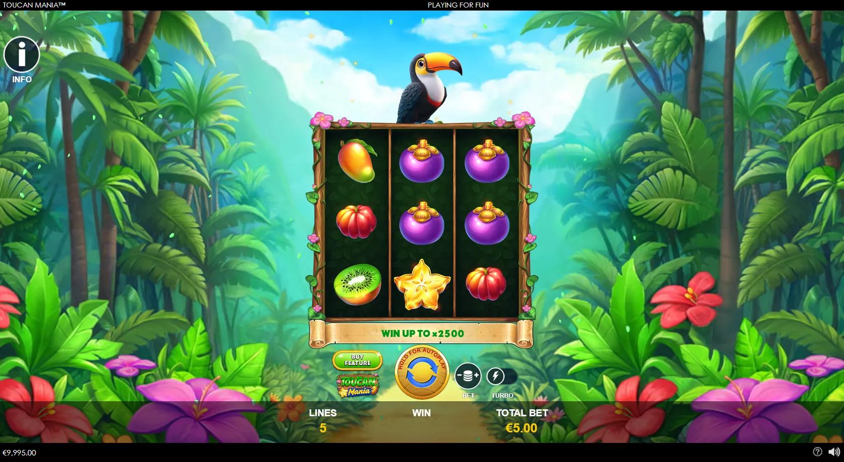 Toucan Mania slot: 3x3 tropical-fruit grid framed by jungle foliage with a toucan on top