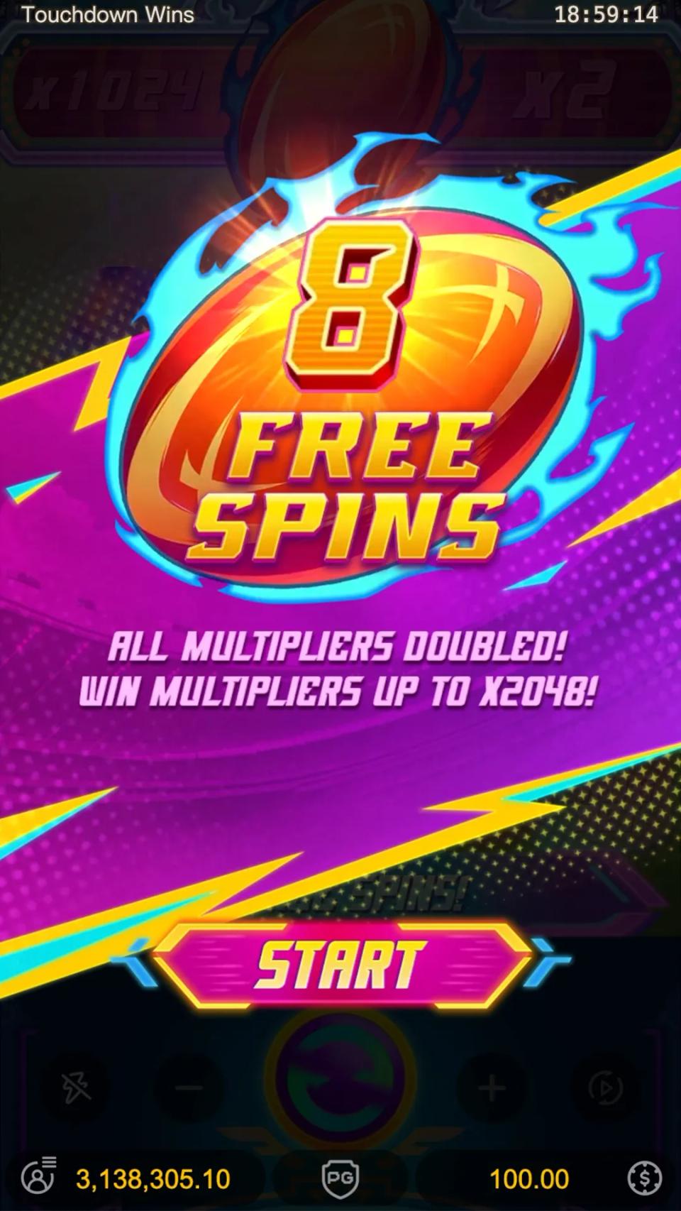 Free spins intro card reading 8 FREE SPINS with all multipliers doubled up to x2048