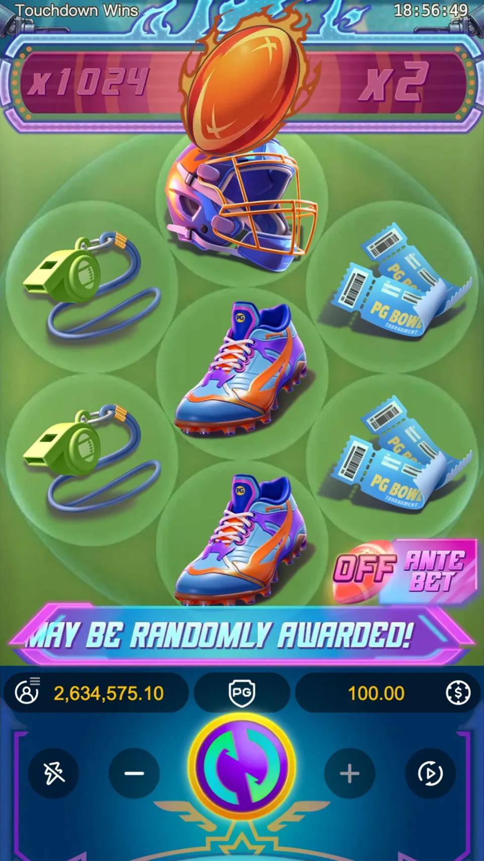 Base game board with cleats, whistles and tickets, and the ante bet toggle showing OFF
