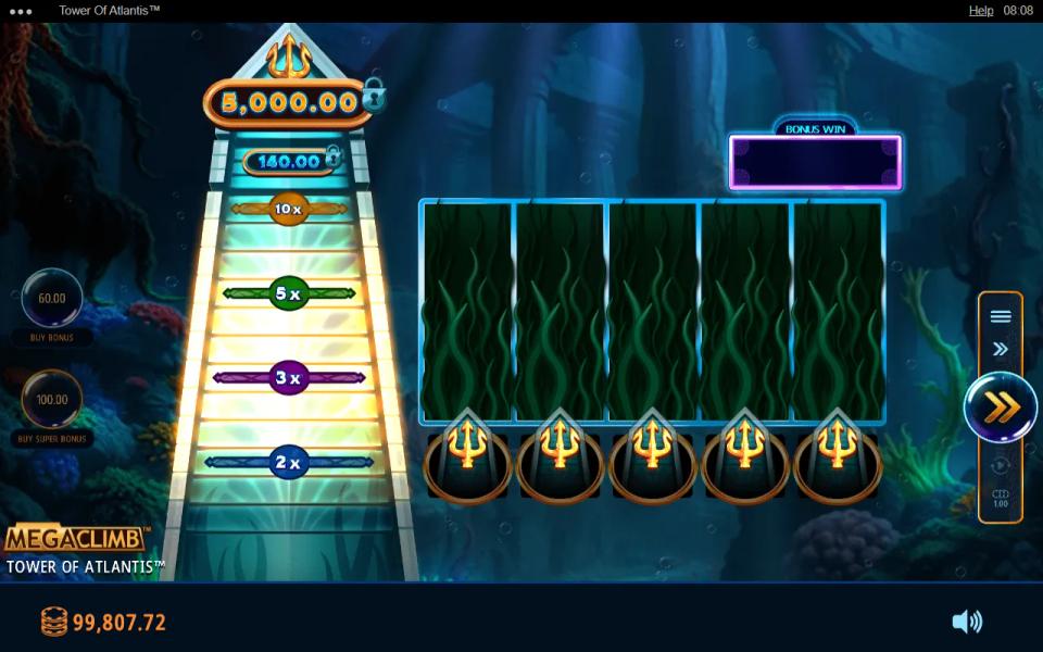 Tower of Atlantis bonus at spin zero: the tower with 2x, 3x, 5x, a 10x variable multiplier, the minor and the 5,000x grand prize beside five empty reels