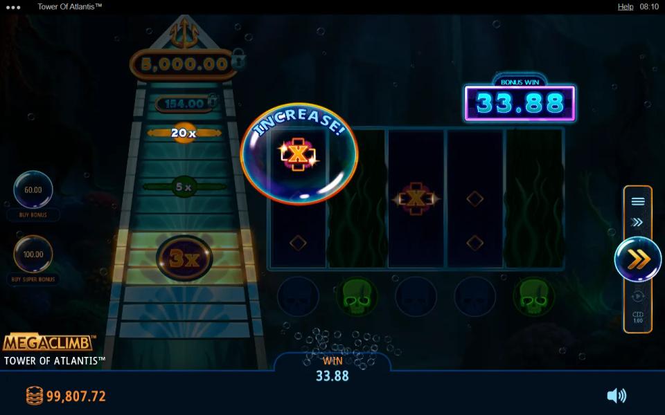 Tower of Atlantis bonus: an Increase bubble raising the variable multiplier while skulls sit under reels 2 and 5