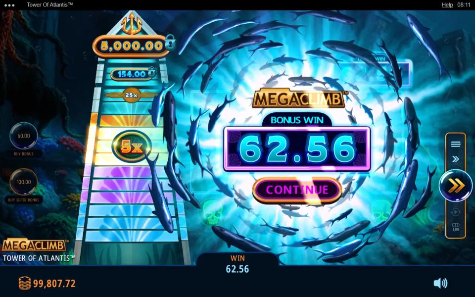 Tower of Atlantis bonus end card with the tower marker stopped at the 5x tier and the upper rungs unreached