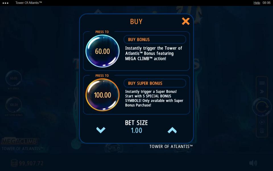 Tower of Atlantis buy panel offering Buy Bonus at 60x and Buy Super Bonus at 100x the bet