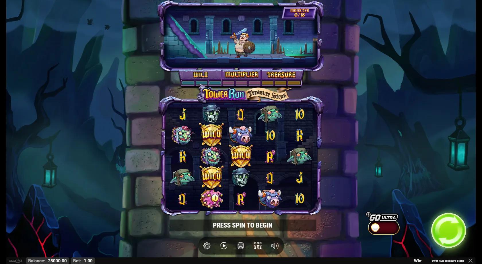 Tower Run Treasure Steps slot gameplay showing 5x5 scatter-pays grid with goblin and skeleton monsters and Bob climbing the tower