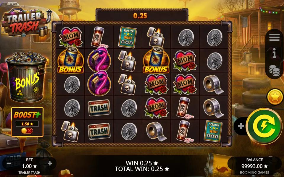 Trailer Trash 6x5 grid in the base game with two Bonus Can scatters landed and the Trash Can beside the reels full of cans after a small Gold Coin win