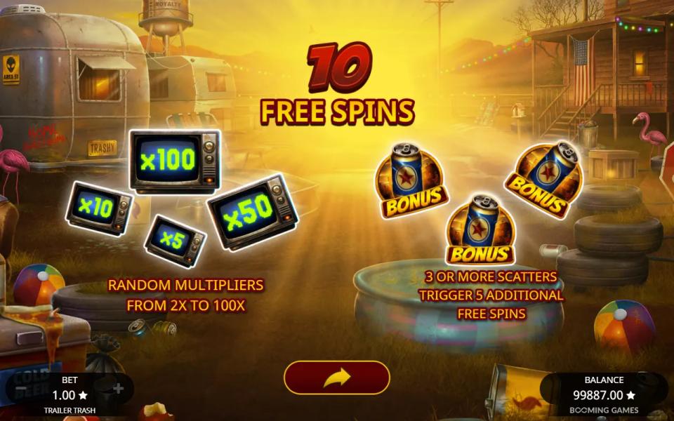 Trailer Trash free spins intro screen showing TV multipliers x5, x10, x50 and x100 and three cans that add five more spins