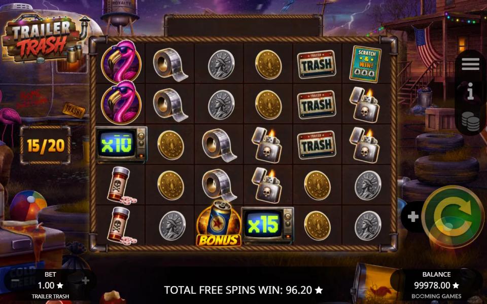 Trailer Trash free spin with a x10 and a x15 TV multiplier on the night-time grid and no win under them
