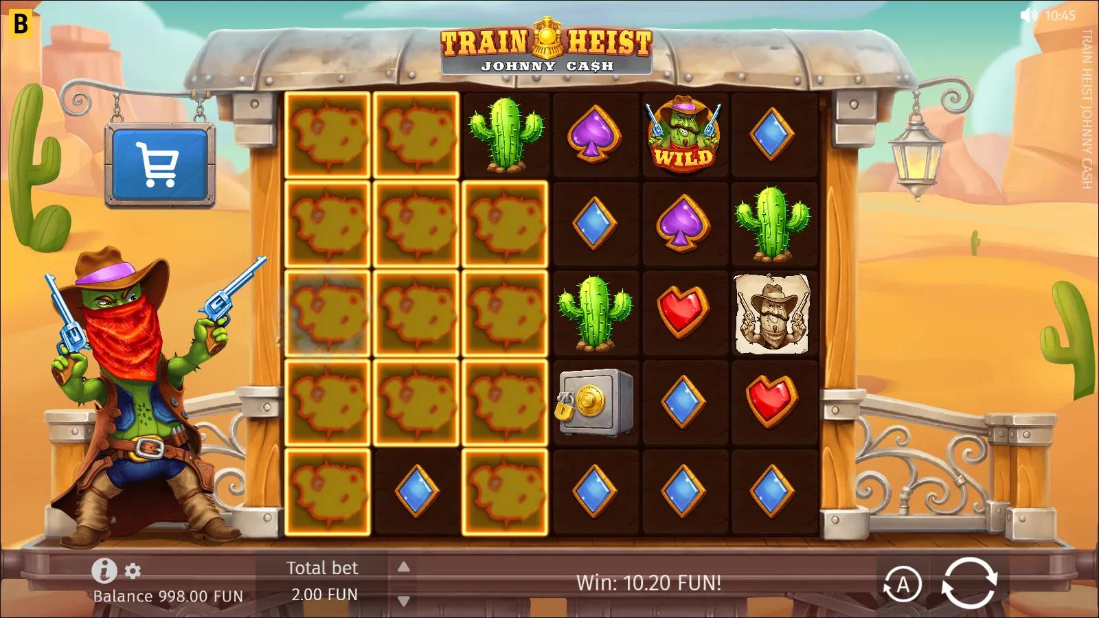 Train Heist Johnny Cash slot gameplay showing 6x5 Western grid with a highlighted winning cluster and the green outlaw Wild