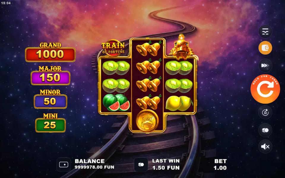 Train of Fortune base game: a stepped 3-5-3 board of kiwis, bells and lemons on a starry rail track, a BOOST coin at the bottom of the five-row middle reel and the four jackpot meters on the left