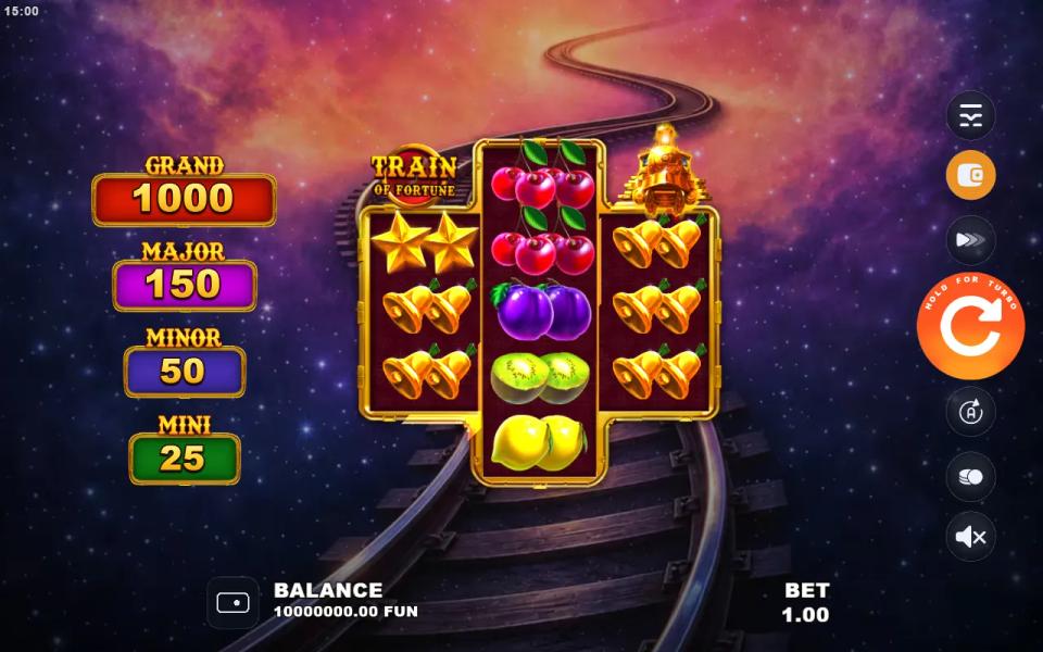 Train of Fortune base screen at a 1.00 bet with jackpot meters reading GRAND 1000, MAJOR 150, MINOR 50 and MINI 25