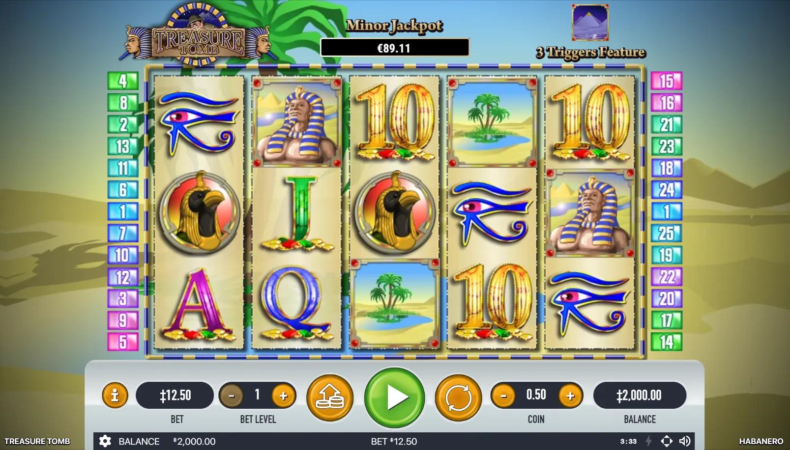 Treasure Tomb slot gameplay showing 5x3 grid with mummy, pyramid, pharaoh, Eye of Horus and Egyptian desert symbols on sand dune and pyramid backdrop