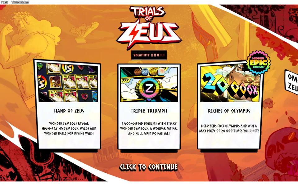 Trials of Zeus splash screen with a volatility meter showing three of five bolts, three feature panels and a 20,000x max prize panel with a Hidden Epic Bonus badge