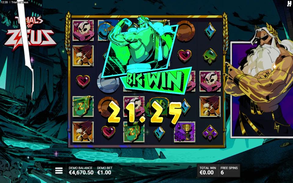 Trials of Zeus Gates of Hades free spin with bronze and silver coins and a green clover on the grid under a Big Win banner