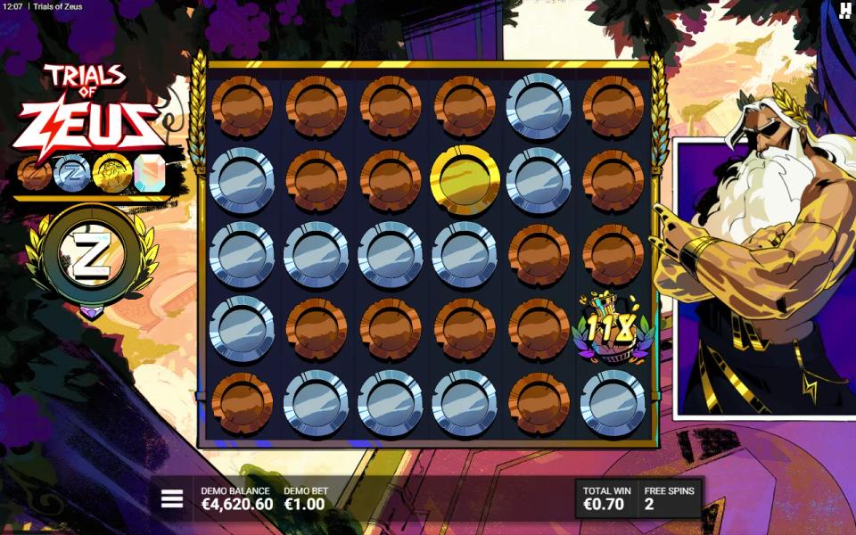 Godly Ascension reward spin with all 30 positions covered in bronze, silver and gold coins and a Pot of Olympus reading 118x on reel 6