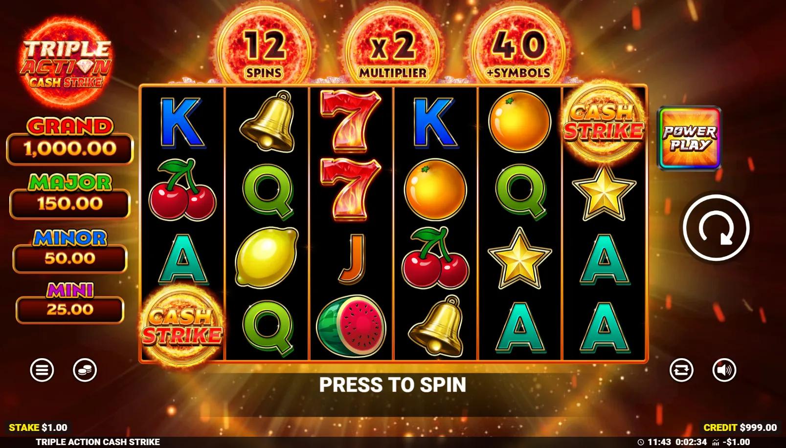 Triple Action Cash Strike slot 6x4 grid with fruit symbols, Cash Strike scatter and GRAND / MAJOR / MINOR / MINI pots