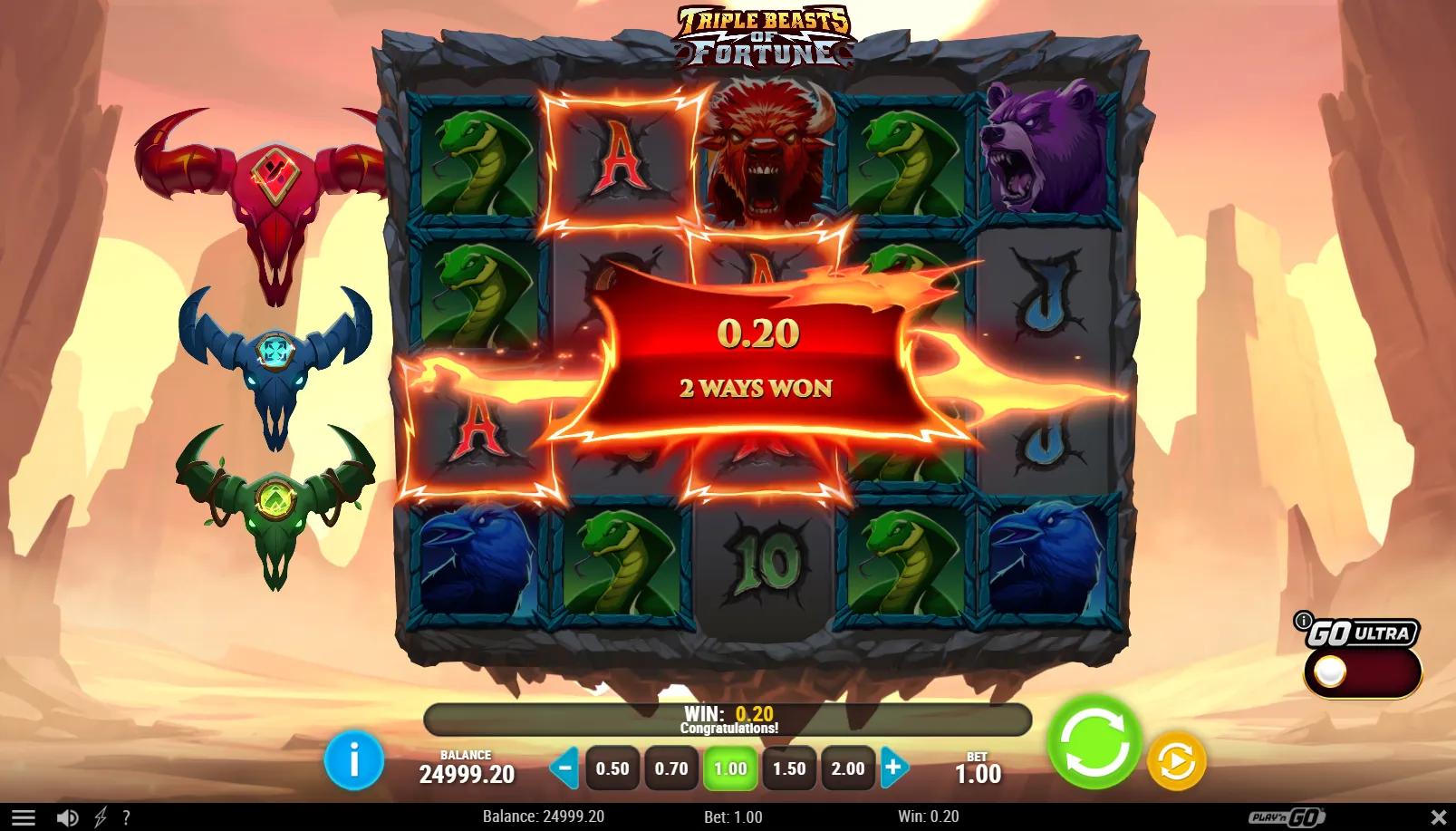Triple Beasts of Fortune slot gameplay showing 5x4 grid with Bison high symbol and Crystal collector skulls