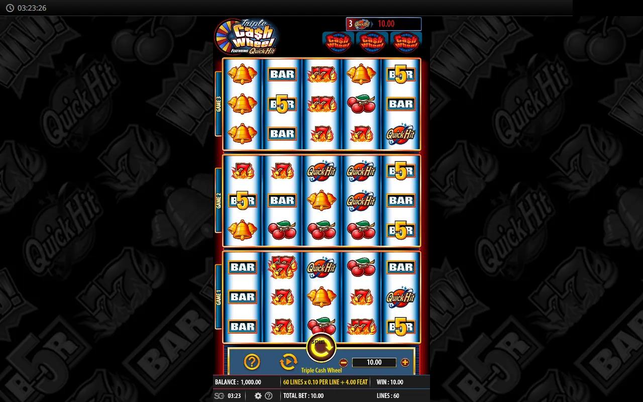 Triple Cash Wheel slot showing three stacked 5x3 reel sets with classic BAR, 7, Bell and Cherry symbols