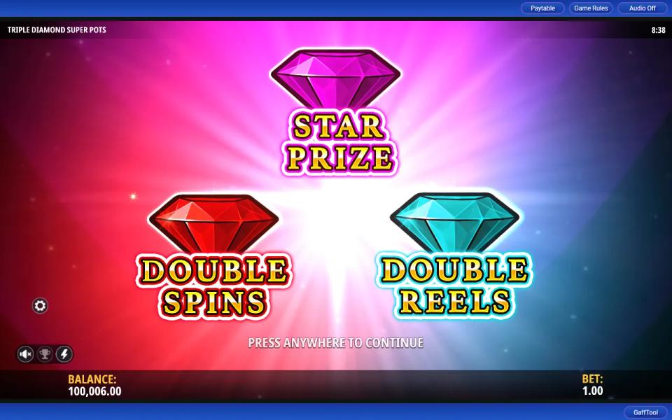 Triple Diamond Super Pots trigger card naming Double Spins, Star Prize and Double Reels together after red, pink and teal diamonds landed