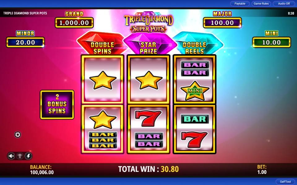 Triple Diamond Super Pots Star Prize: a star on reel 1, a star on reel 2 and a Mini star symbol on reel 3 of the upper screen