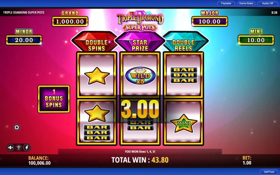 Triple Diamond Super Pots lower screen with a star on reel 1 and a Mini symbol on reel 3 but no star on reel 2, while Wild x5 lines pay on the upper screen