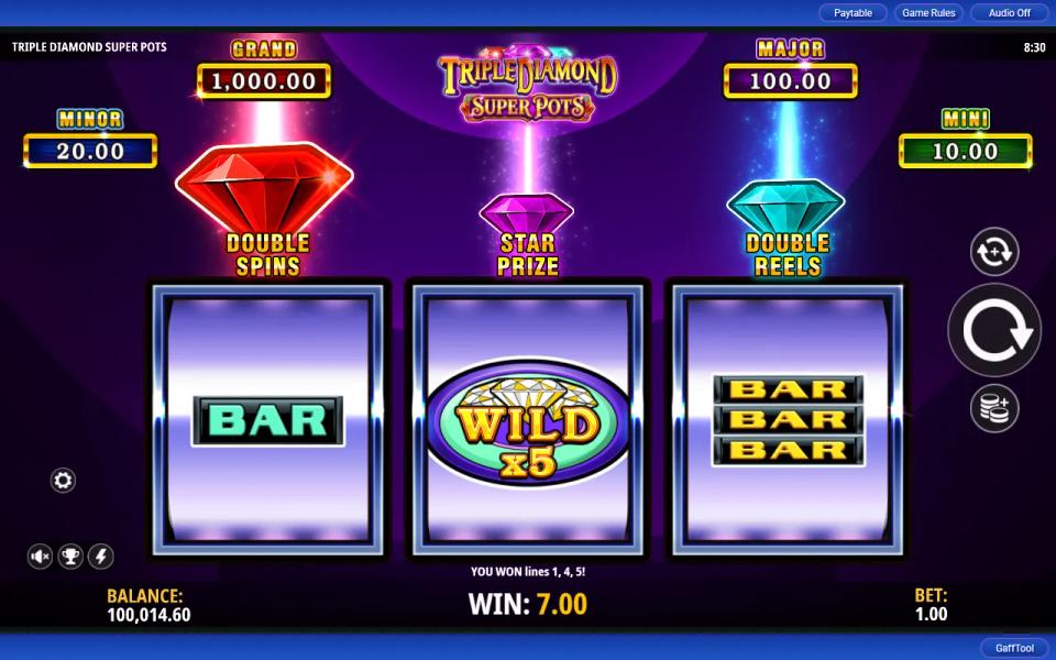Triple Diamond Super Pots base game with a Wild x5 in the middle of reel 2 between a single bar and a triple bar, paying three lines