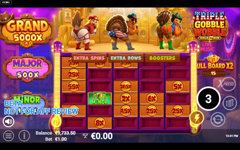 Triple Gobble Wobble Hold N Win board stretched to six rows, coins of different values stuck in place and a Minor jackpot symbol on the second reel, with three singing turkeys on a barn stage above
